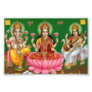 Ganesha, Lakshmi & Saraswati tryck (6" x 4")