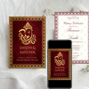 Ganesha maroon och guld indisk bröllop inbjudningar