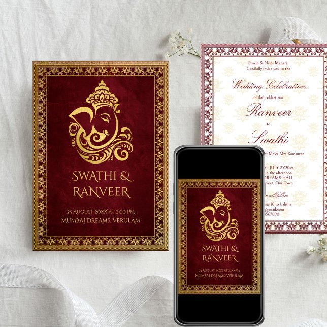 Ganesha maroon och guld indisk bröllop inbjudningar (Ganesha maroon and gold elegant traditional Indian wedding Invitation cards with RSVP template)