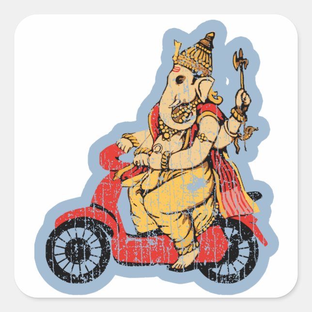 Ganesha Riding a Scooter Fyrkantigt Klistermärke (Framsida)