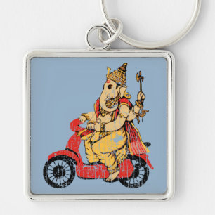 Ganesha som rider en sparkcykel fyrkantig silverfärgad nyckelring