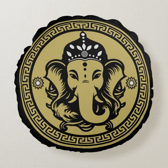 Ganesha Themed Hindu Art Print Rund Kudde (Framsidan)