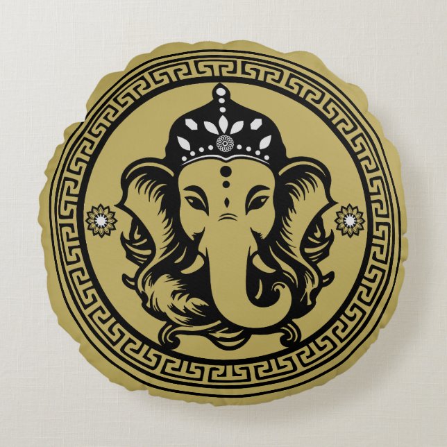 Ganesha Themed Hindu Art Print Rund Kudde (Framsidan)