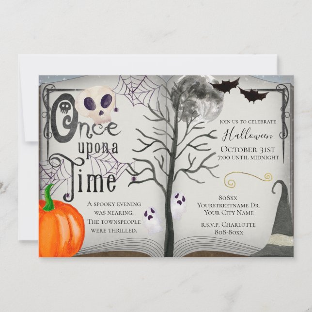 Gång på en tidstalande Halloween-inbjudan till Bok Inbjudningar (Framsida)