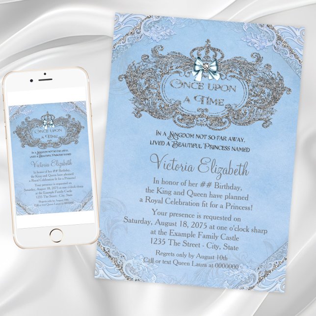 Gång på en Time Princess Birthday Inbjudningar (Cinderella princess birthday invitation with pretty silver crown on a blue and silver background.)