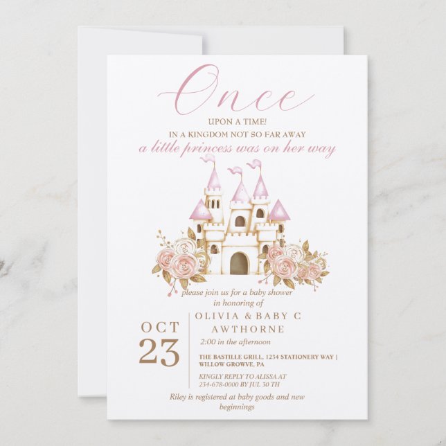 Gång på Rosa Castle Princess Baby Shower Inbjudningar (Framsida)
