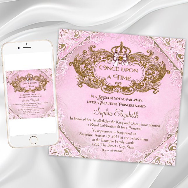 Gång Princess 1:a födelsedagen Inbjudningar (Once Upon a Time Princess Birthday Invitation. Any number princess birthday invitation.)