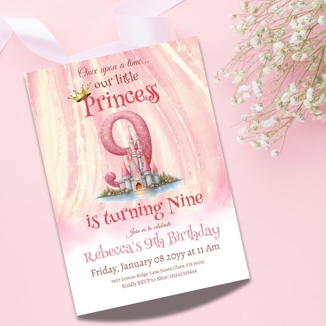 Gång Princess Castle Girl Nionde födelsedagen Inbjudningar (Skapare uppladdad)