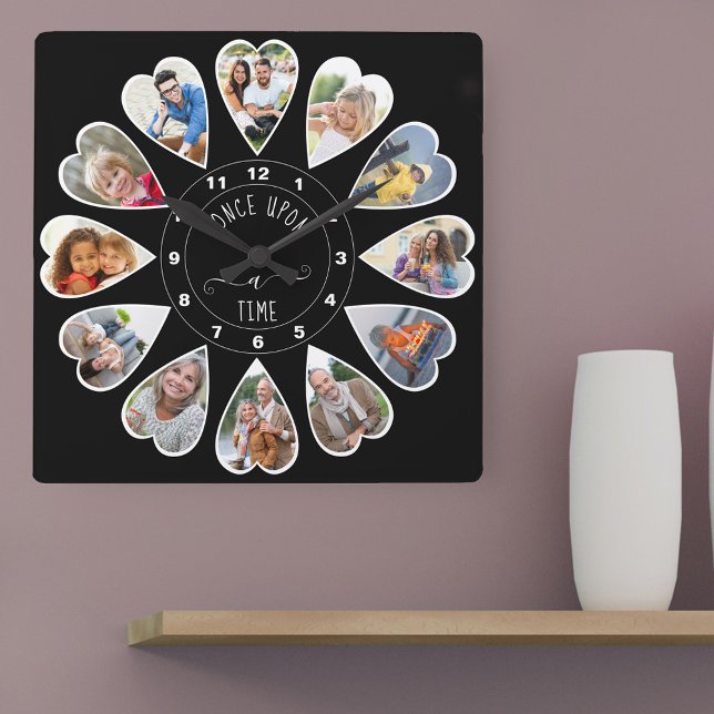 Gång vid 12 Hjärtformade foton svart Fyrkantig Klocka (Photo clock with 12 heart shaped photos. Unusual design for your home and a thoughtful photo gift.)