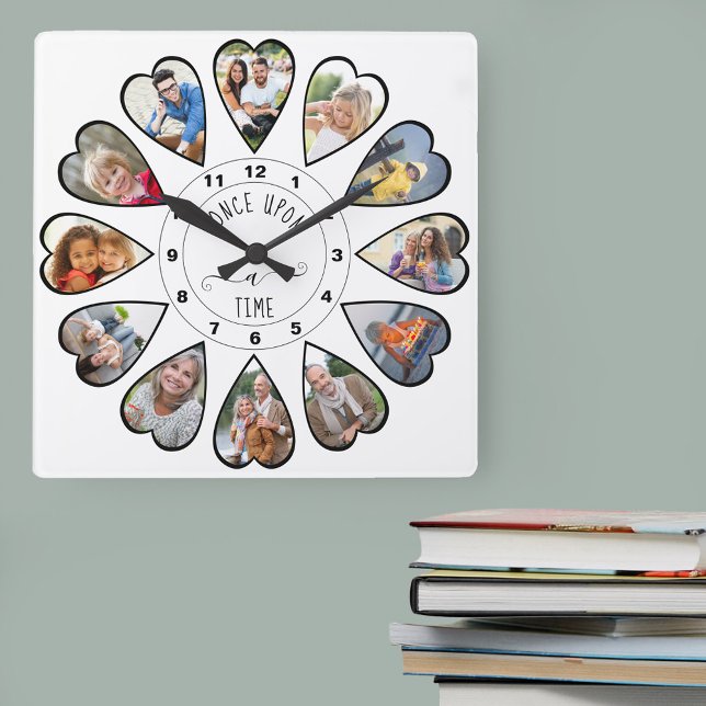 Gång vid 12 Hjärtformade foton vita Fyrkantig Klocka (Photo clock with 12 heart shaped photos. Unusual design for your home and a thoughtful photo gift.)