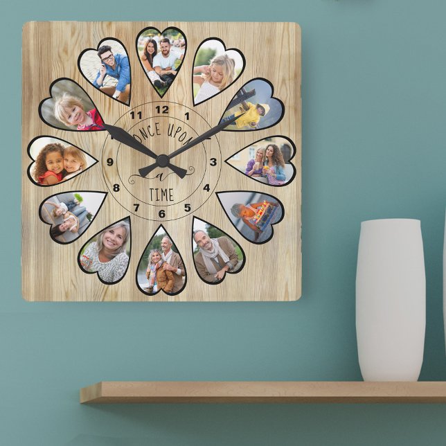 Gång vid en tidpunkt 12 Hjärtformade foton Gräs Fyrkantig Klocka (Photo clock with 12 heart shaped photos. Unusual design for your home and a thoughtful photo gift.)