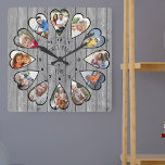 Gång vid en tidpunkt 12 Mörk Grått Wood Fyrkantig Klocka<br><div class="desc">Skapa din egen multifotoklocka för att berätta din berättelse - klockan ansikte är skriven med "Gång i taget" i handskriven typografi. Använda fotomallen för att lägga till 12 av dina favoritfoton, som visas i hjärtformade ramar. Utformningen av porträtt-lodrät-foton för alla nummer utom 3 och 9 som är i liggande vågrät-format....</div>