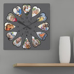 Gång Vid Hjärtformade 12- Mörk Grått för fotofotos Fyrkantig Klocka<br><div class="desc">Skapa din egen multifotoklocka för att berätta din berättelse - klockan ansikte är skriven med "Gång i taget" i handskriven typografi. Använda fotomallen för att lägga till 12 av dina favoritfoton, som visas i hjärtformade ramar. Utformningen av porträtt-lodrät-foton för alla nummer utom 3 och 9 som är i liggande vågrät-format....</div>