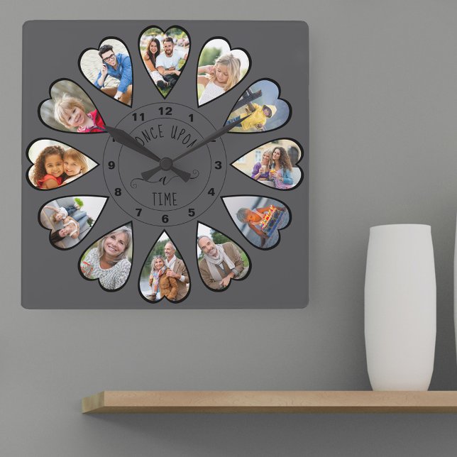 Gång Vid Hjärtformade 12- Mörk Grått för fotofotos Fyrkantig Klocka (Photo clock with 12 heart shaped photos. Unusual design for your home and a thoughtful photo gift.)