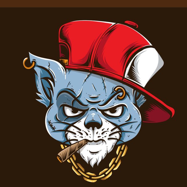 Gangster Cat Pussel (A cartoon illustration of a blue cat head with an angry expression, wearing a red baseball cap.)