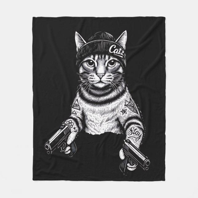 Gangster Cat Tattoo Art | Cool Streetwear Kitty Fleecefilt (Framsidan)