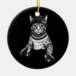 Gangster Cat Tattoo Art | Cool Streetwear Kitty Julgransprydnad Keramik