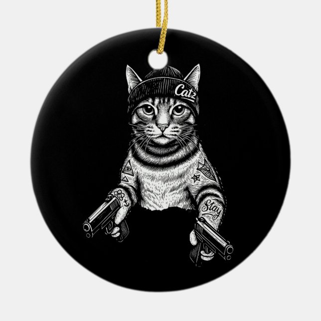 Gangster Cat Tattoo Art | Cool Streetwear Kitty Julgransprydnad Keramik (Framsidan)