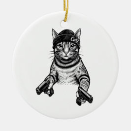 Gangster Cat Tattoo Art | Cool Streetwear Kitty Julgransprydnad Keramik