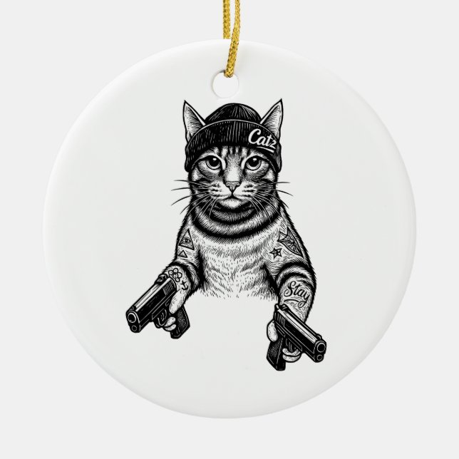 Gangster Cat Tattoo Art | Cool Streetwear Kitty Julgransprydnad Keramik (Framsidan)