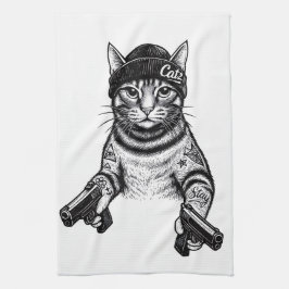 Gangster Cat Tattoo Art | Cool Streetwear Kitty Kökshandduk