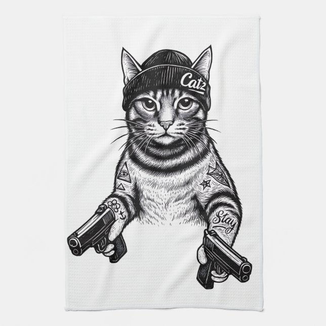 Gangster Cat Tattoo Art | Cool Streetwear Kitty Kökshandduk (Vertikal)