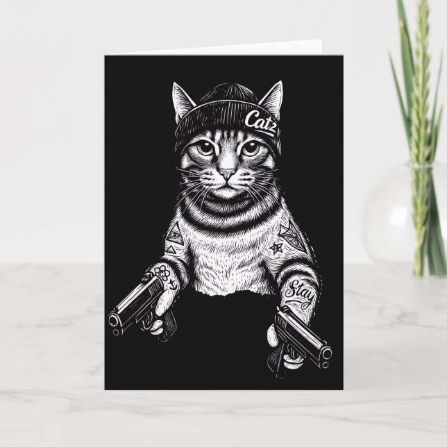 Gangster Cat Tattoo Art | Cool Streetwear Kitty Kort (Framsida)