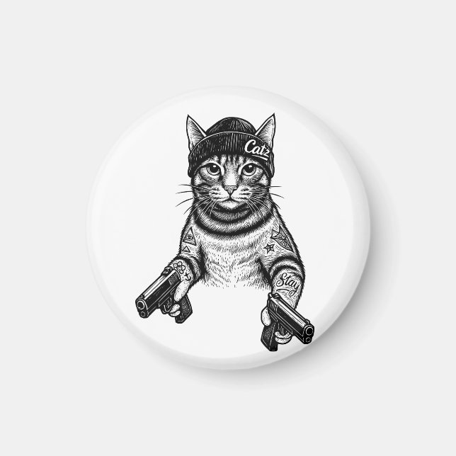 Gangster Cat Tattoo Art | Cool Streetwear Kitty Magnet (Framsidan)