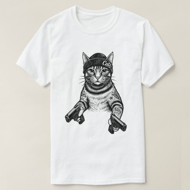 Gangster Cat Tattoo Art | Cool Streetwear Kitty T Shirt (Design framsida)