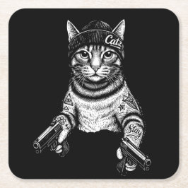 Gangster Cat Tattoo Art | Cool Streetwear Kitty Underlägg Papper Kvadrat