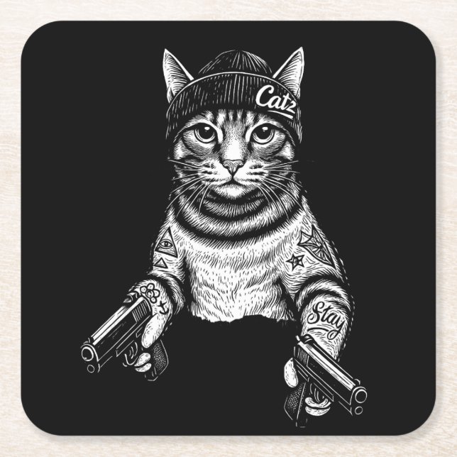 Gangster Cat Tattoo Art | Cool Streetwear Kitty Underlägg Papper Kvadrat (Framsidan)