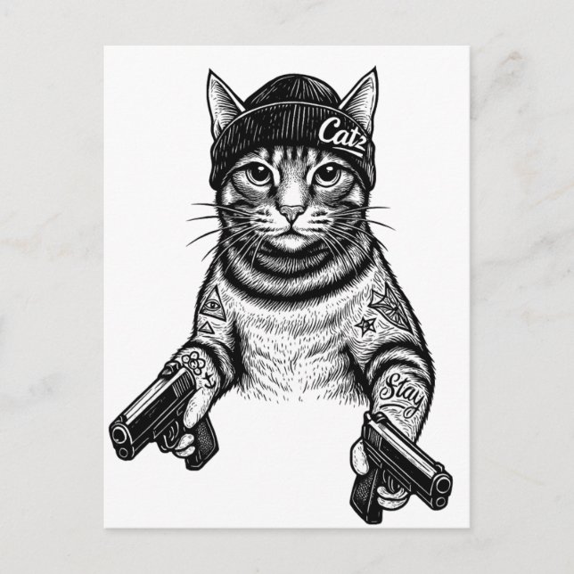 Gangster Cat Tattoo Art | Cool Streetwear Kitty Vykort (Framsida)
