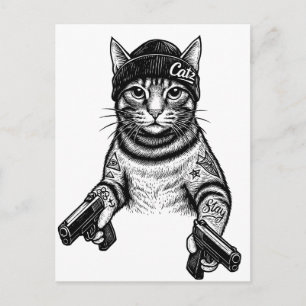 Gangster Katt Tatuering Konst Cool Streetwear Ki Vykort