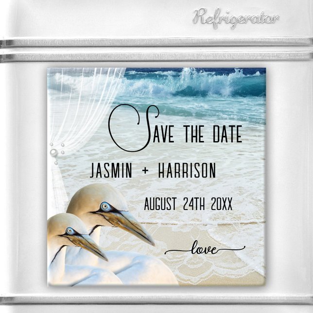 Gannet Beach Wedding Spara datum magneter (Save the Date magnet featuring two beautiful gannets on a beach with wedding veil, pearls and lace)