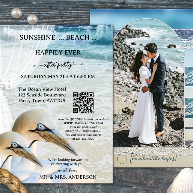 Gannet QR Beach Photo Lyckligtvis allt efter Bröll Inbjudningar (Happily ever after beach wedding invitation with elegant gannets and QR code template)