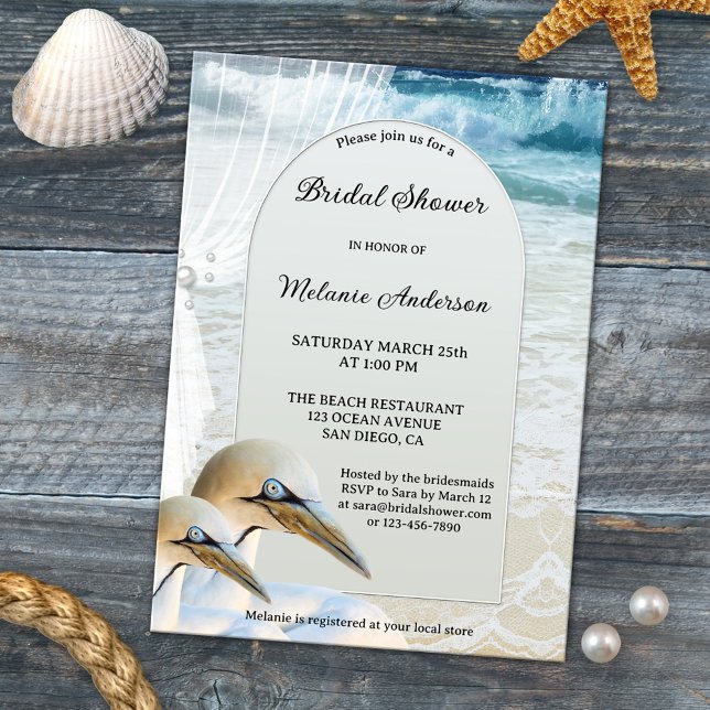Gannets Beach Inbjudningskort för möhippan (Boho chic bridal shower invitation featuring two gannets on the beach)