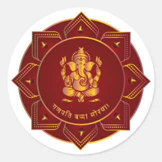 Ganpati Bappa Morya Guld Ganesha 8 Diya Mandala Runt Klistermärke