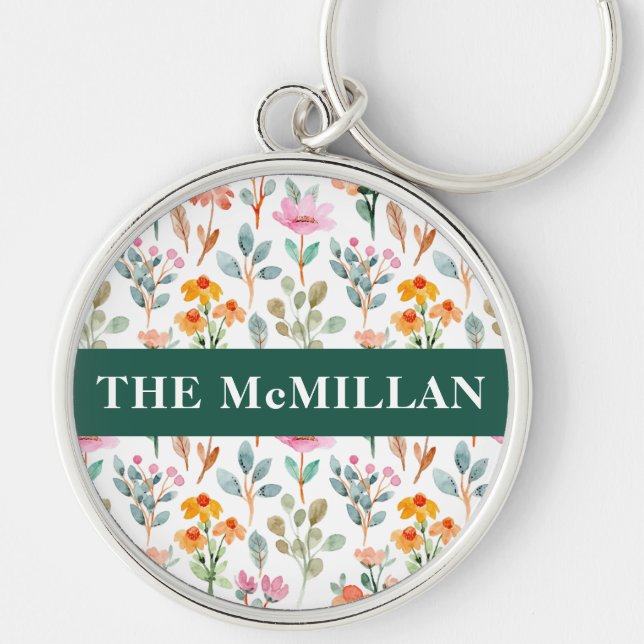 Ganska färglösa flormönsterrosa rund silverfärgad nyckelring (Framsidan)