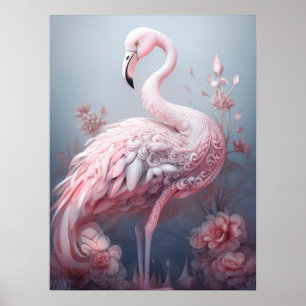 Ganska Surrealistisk Abstrakt Rosa Flamingo på Grå Poster