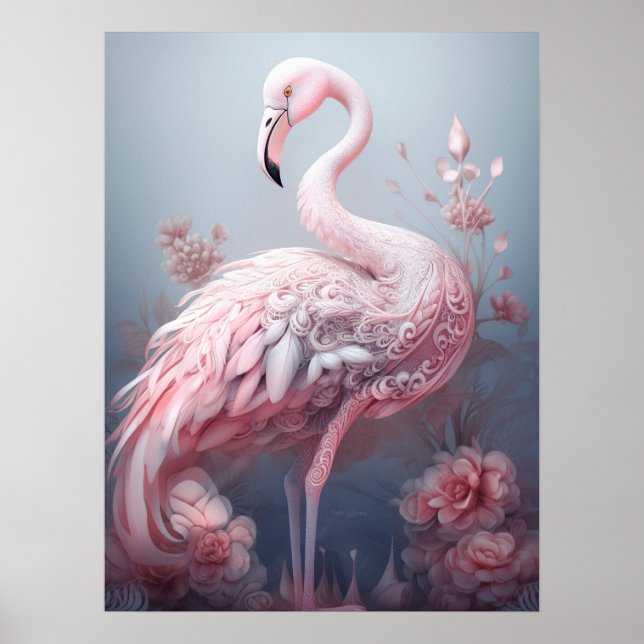 Ganska Surrealistisk Abstrakt Rosa Flamingo på Grå Poster (Framsidan)