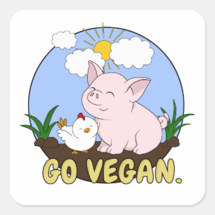 Går veganen - den gulliga grisen och höna fyrkantigt klistermärke