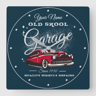 Garage Old school all Namn Merc Car Blue vid lågr Fyrkantig Klocka