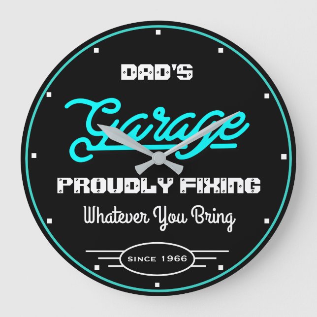 Garage Pappa eller någon Namn som åtgärdar turkos  Stor Klocka (Framsida)