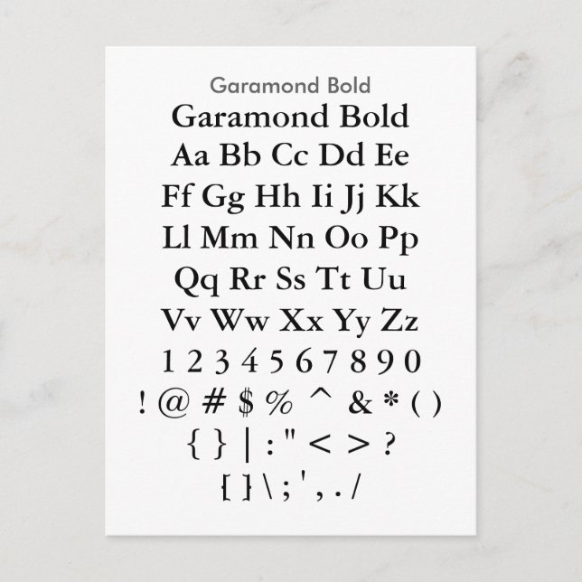 Garamond Bold - Zazzle Font Sampler Lakan Vykort (Framsida)