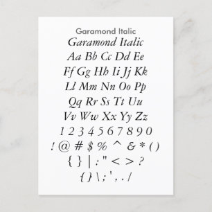 Garamond Italic - Zazzle Font Sampler Lakan Vykort