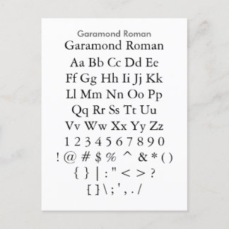 Garamond Roman - Zazzle Font Sampler Lakan Vykort