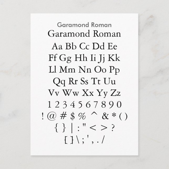 Garamond Roman - Zazzle Font Sampler Lakan Vykort (Framsida)