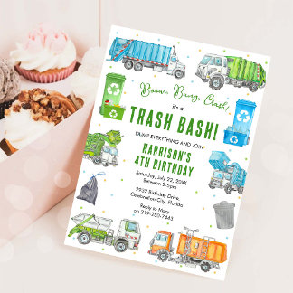 Garbage Trash Truck Birthday Invitation Inbjudningar