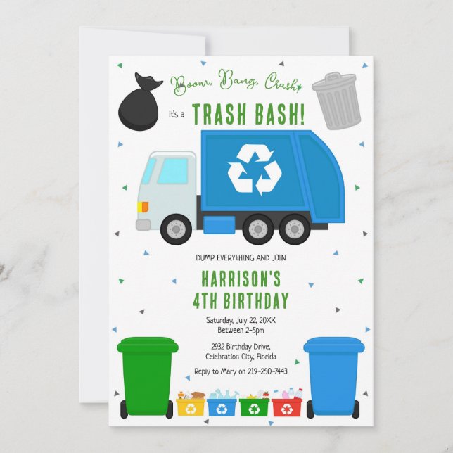 Garbage Trash Truck Birthday Invitation Inbjudningar (Framsida)