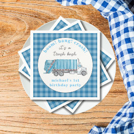 Garbage Trash Truck Blue Gingham 1st Birthday  Pappersservett